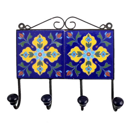 Navy Blue Yellow Floral Tiles Hooks